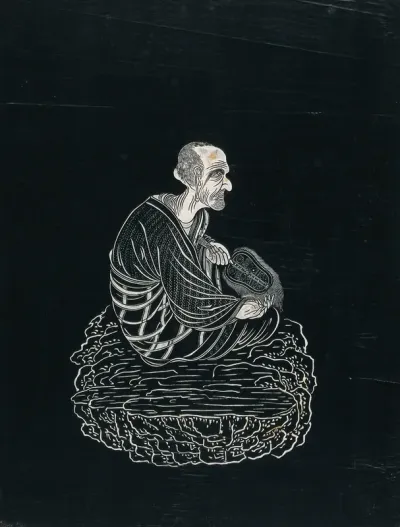 A Lohan (disciple of Buddha), seated on a rock holding a fan