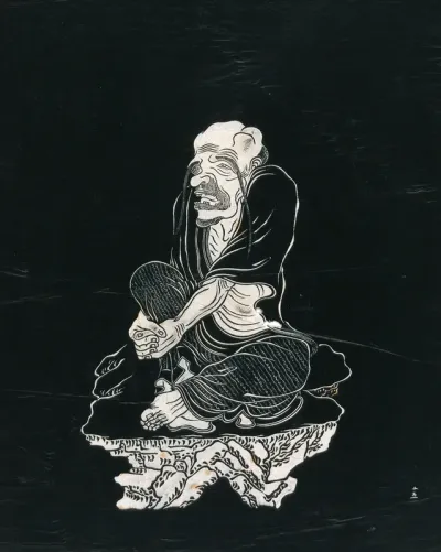 A Lohan (disciple of Buddha), with very long eyebrows, seated on a rock