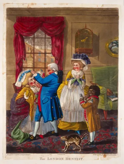 A London dentist extracting a tooth from a woman's mouth; her female companion and the dentist's black servant-boy are present