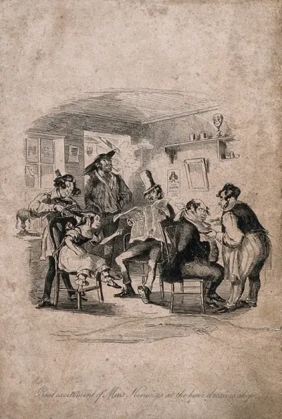 A London hair-dresser's shop: a barber shaves a man; a young woman who is having her hair cut recognizes another customer; and a man who rents the upper part reads the Sunday newspaper