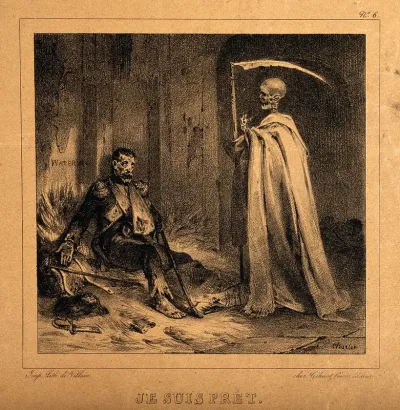 A lone, wounded, French grenadier greets a skeletal death figure with the words "I am ready"