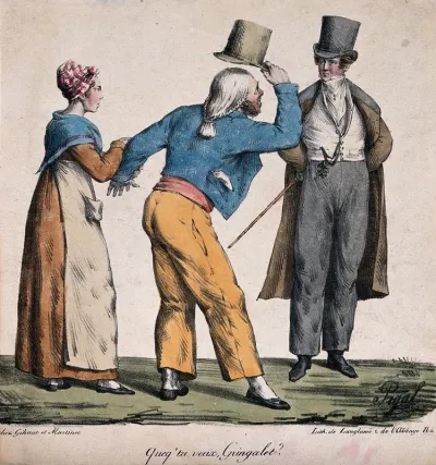 A louche man approaches a well-dressed man who has looked at hs girlfriend and asks him "What do you want, clown?"