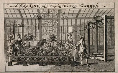 A machine for an electrified garden: fashionably-dressed men and women are shown in a glasshouse, observing a selection of plants which have been attached to a large machine