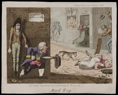 A mad dog on the run in a London street: citizens attack it as it approaches a woman who has fallen over