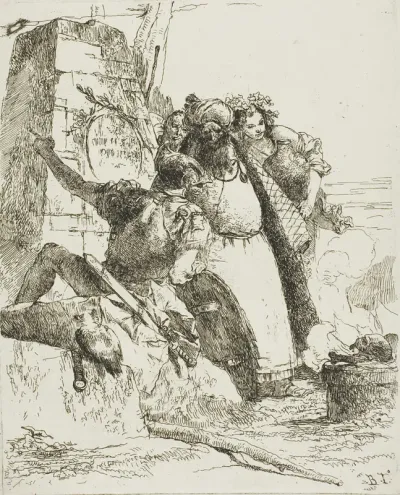 A Magician, A Soldier, and Three Figures Watching a Burning Skull, from Scherzi
