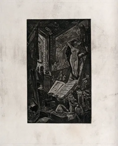 A magician in his gothic study conjuring demons: a naked woman appearing from a mirror