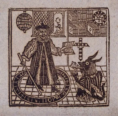 A magician stands in the middle of a circle holding a stick in one hand and a book in the other as he is watched by the devil in the form of a dragon