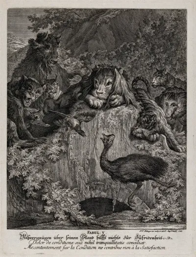 A magpie and an ostrich are in discussion with an assembly of wild animals looking on from above