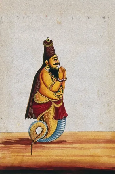 A maharishi (Patañjali) with the head and torso of a man and a tail of a serpent or fish, with hands joined in reverence