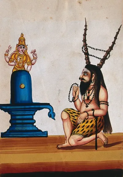 A maharishi praying to a Shiva lingam