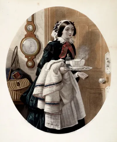 A maid bringing medicine and soup to her master who has a cold