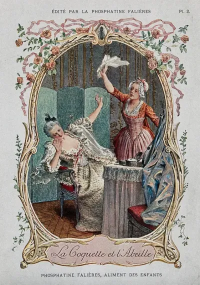 A maid is trying to kill a bee that is flying around her mistress; advertising Phosphatine Falières infant food