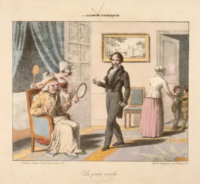 A maid shows an old man his smallpocked face in a hand mirror