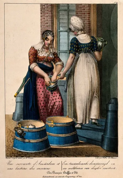 A maidservant on the doorstep of an Amsterdam house purchases milk from a local milkmaid