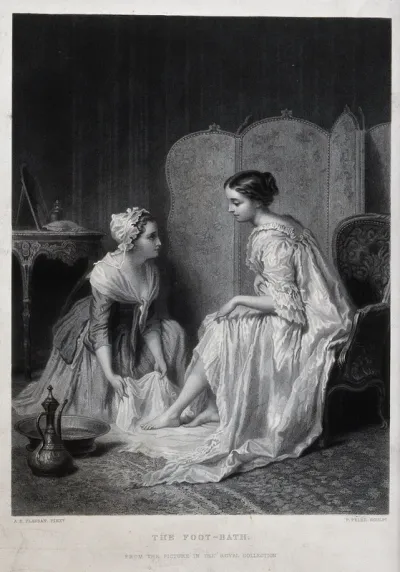 A maidservant washing a woman's feet