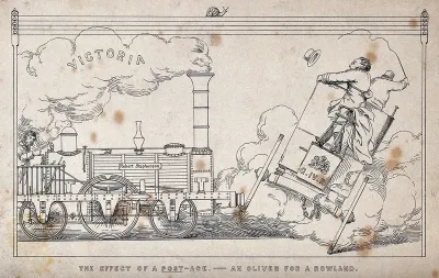 A mail-coach, overturned by a locomotive (Stephenson's Rocket)