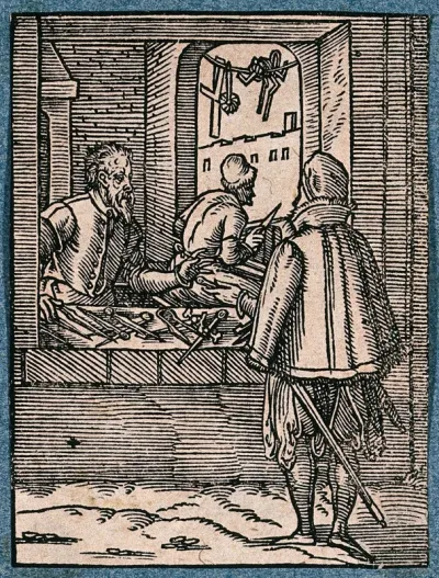 A maker of geometrical and surveying instruments talks to a customer standing outside his shop, while an assistant works at a window beyond
