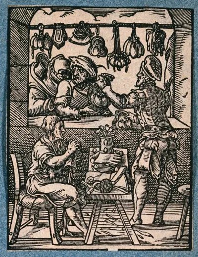 A maker of handbags at work in his workshop: a man and a woman pass the window, and the woman asks the man to buy her a bag held up by a salesman