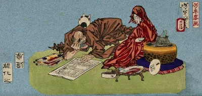 A male and female 'daruma' in a domestic setting, the man reads a modern newspaper