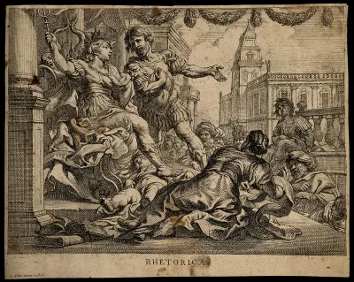 A male and female warrior dispute over a child lying prone underneath; representing rhetoric