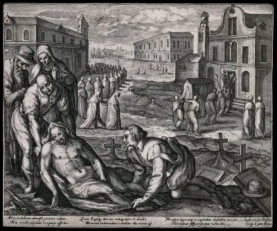 A male corpse is wrapped in linen and entombed while a funeral cortège proceeds into a church in the background