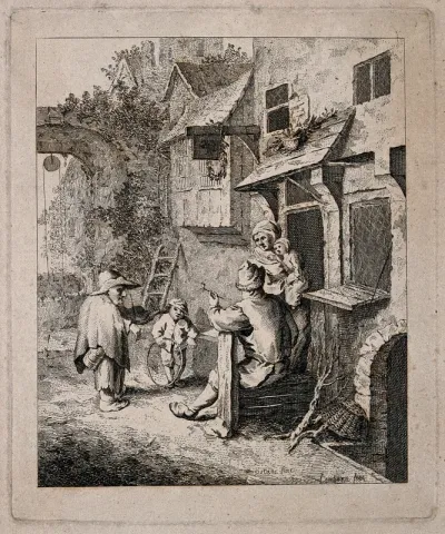A male dwarf, playing the violin to a family in a rural setting