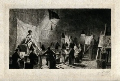A male nude model being drawn by a life drawing class by lamplight