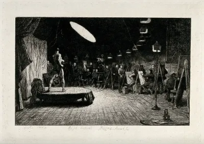 A male nude model being drawn by the life class at the Royal Academy in London