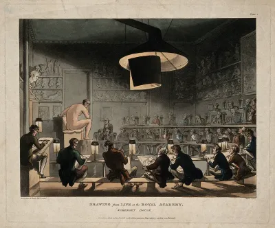 A male nude seated before a life class at the Royal Academy in London