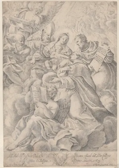 A male saint kneeling before the Christ child