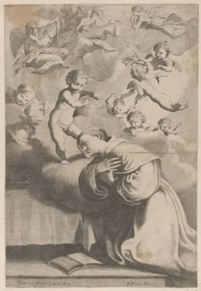 A male saint kneeling before the Christ child