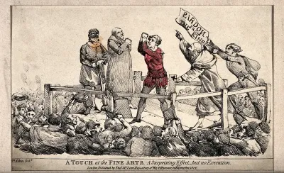 A man about to be executed in publc receives a pardon at the last minute; representing a work of art which has a striking composition but is not finished in detail