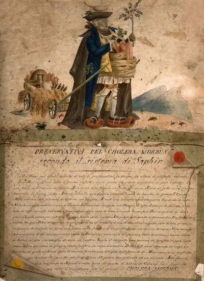 A man absurdly well-prepared for the cholera epidemic of 1832; representing the overabundance of questionable remedies and protections against cholera