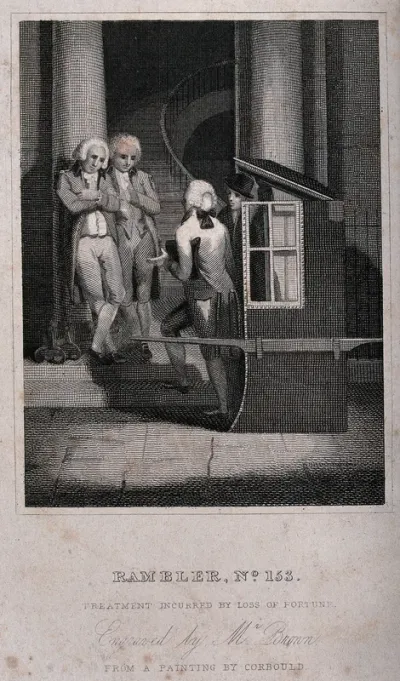 A man alights from a sedan chair to meet his companions at the foot of the stairs