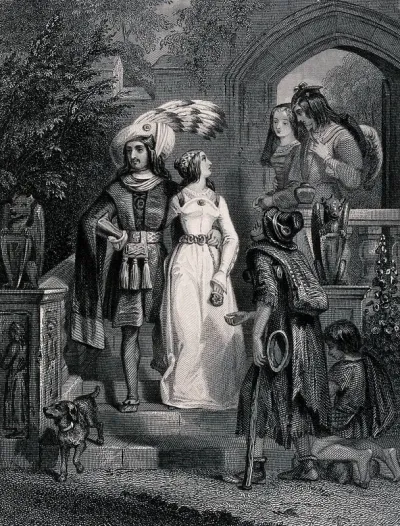 A man and a boy are begging from two well-dressed couples on the steps