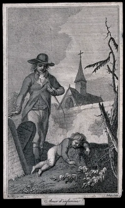 A man and a boy contemplating gravestones in a cemetery