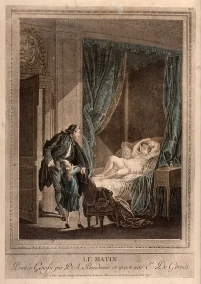 A man and a boy gaze at a young woman as she lies asleep on her bed in the morning