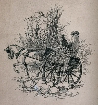A man and a child are travelling in a pony and trap