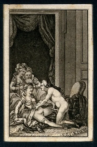 A man and a woman about to engage in sexual intercourse; two ladies watching in the background