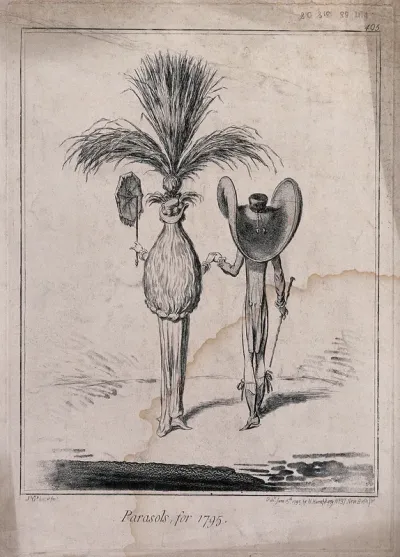 A man and a woman, both wearing enormous hats