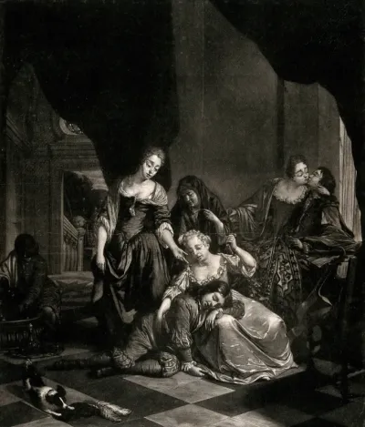 A man and a woman embrace and drink wine in the corner of a room, as a girl attempts to rouse the boy who has fallen asleep against her knee watched by two older women standing over them