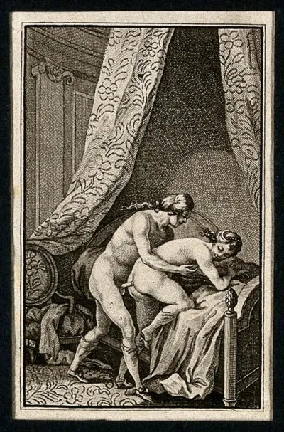 A man and a woman engaged in sexual intercourse leaning on a canopied neoclassical bed
