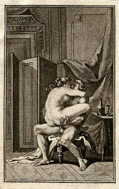 A man and a woman engaged in sexual intercourse on a chair; folding screen in the background