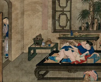 A man and a woman making love in a well-appointed room, while a boy looks on from the next room