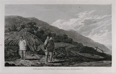 A man and a woman of Norton Sound, Alaska, in front of their hut; encountered by Captain Cook on his third voyage (1777-1780)