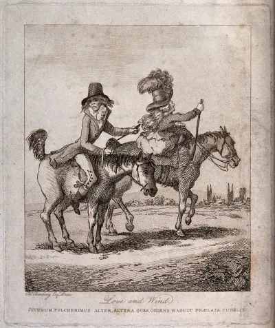 A man and a woman riding on horseback outside Cambridge: the man's horse is flatulent