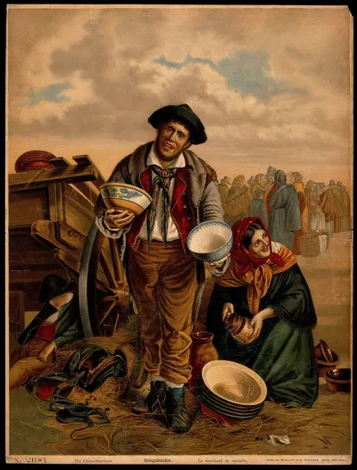 A man and a woman selling ceramic bowls at a market
