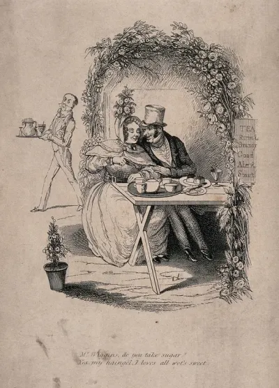 A man and a woman taking tea in the garden of a refreshment house: she asks whether he takes suger, he replies in sentimental terms