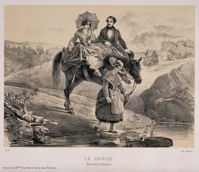 A man and a woman travelling sitting on cacolets laid across the back of a horse which is being led by a girl across a stream
