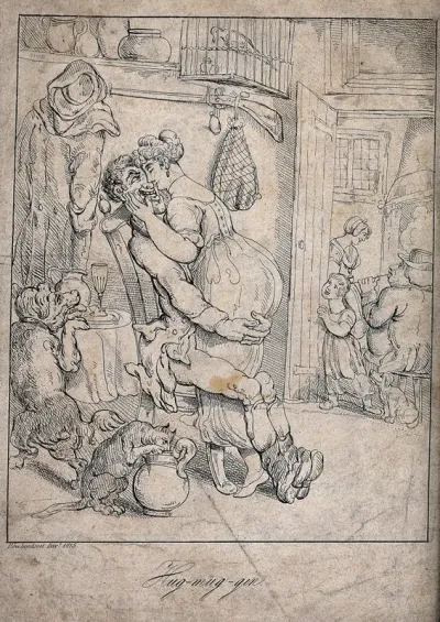 A man and a young woman embrace each other: they are are watched by a girl and a dog standing at the door